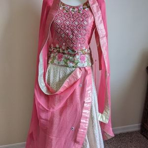 Mirror work Top with Floral Embroidery Skirt